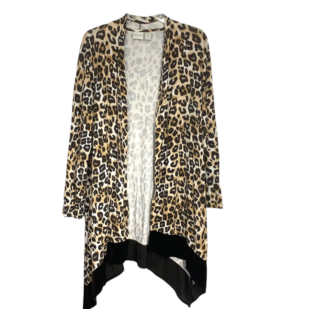 Chico's Zenergy Sz 2 Large Leopard Print Open Front Duster Cardigan Velour Trim - Picture 2 of 8